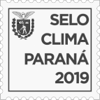 Selo Clima Paraná 2019 escrito em letras grossas com brasão do estado à esquerda preto e branco