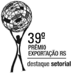 Selo Prêmio Exportação RS destaque setorial com desenho de pessoa em pé de mãos erguidas segurando o globo terrestre em preto e branco