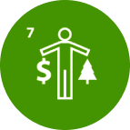 7 - Ícone em círculo representando pessoa com braços esticados segurando cifrão de dinheiro e pinheiro em linhas finas brancas com fundo verde