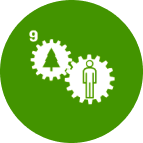 9 - Ícone em círculo de duas engrenagens sólidas brancas, uma com pessoa dentro e outra com árvore representando natureza em fundo verde