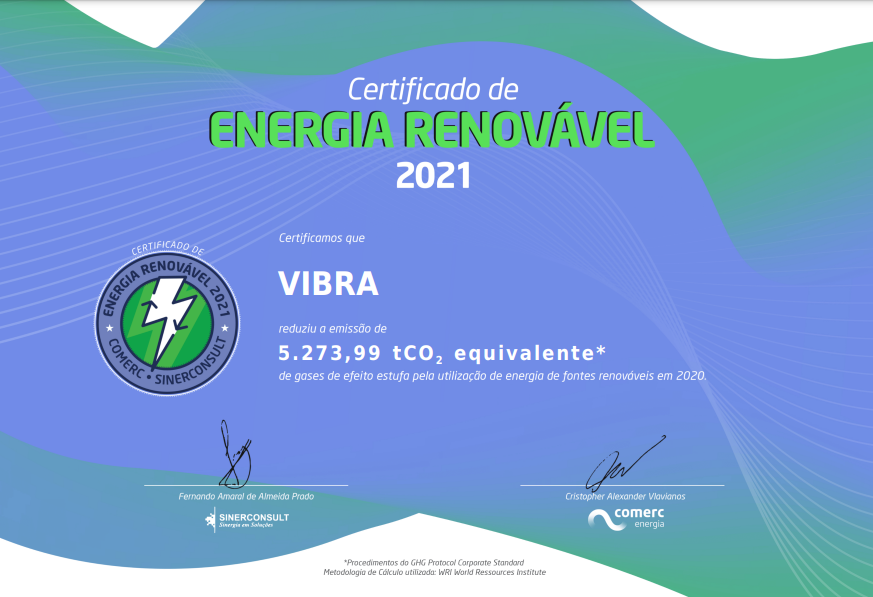 imagem demonstrativo certificado de energia renovável 2021 recebido por vibra