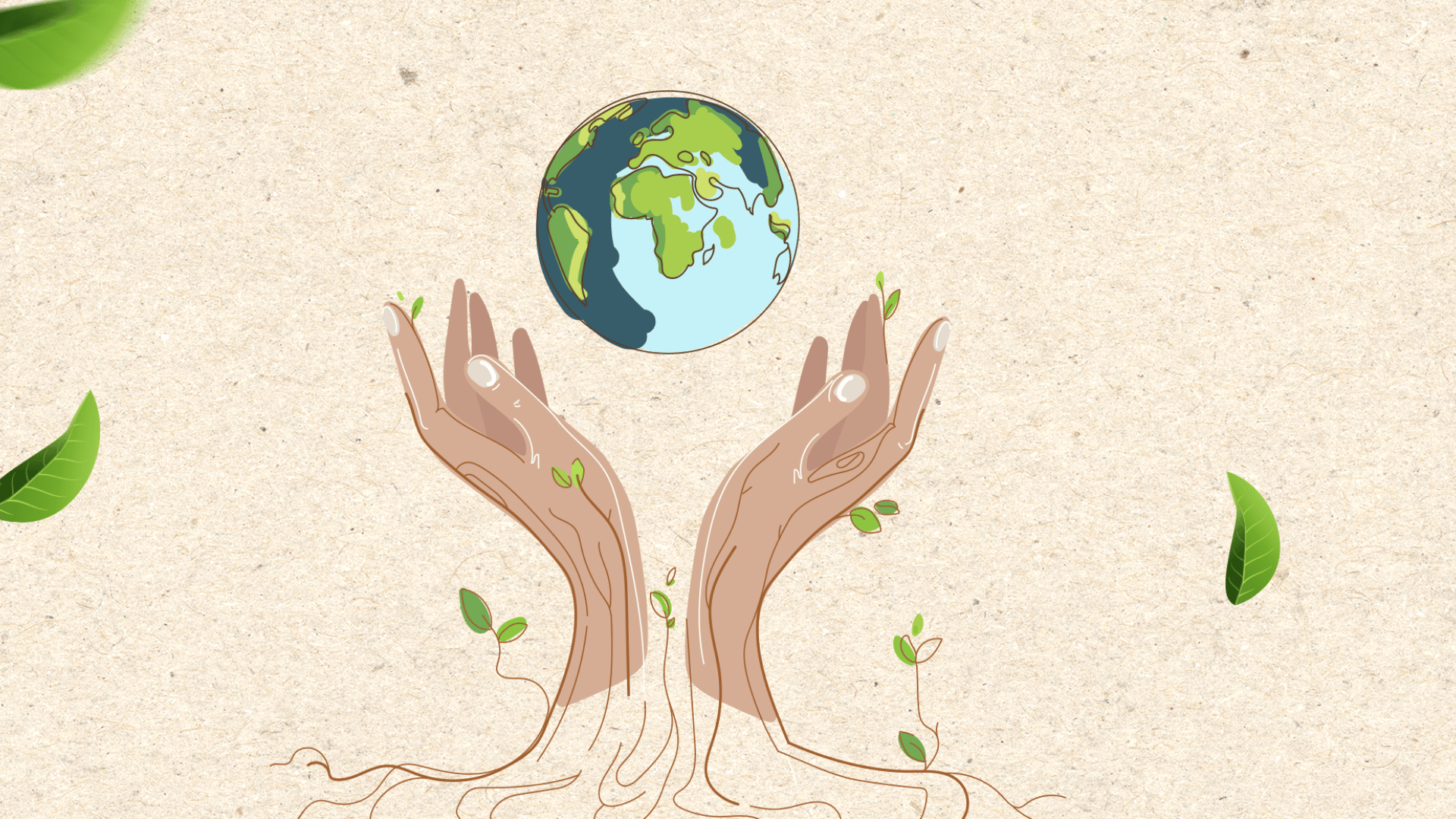 ilustração raízes formando mãos segurando o planeta terra, com folhas e delicadeza, representando harmonia com a natureza