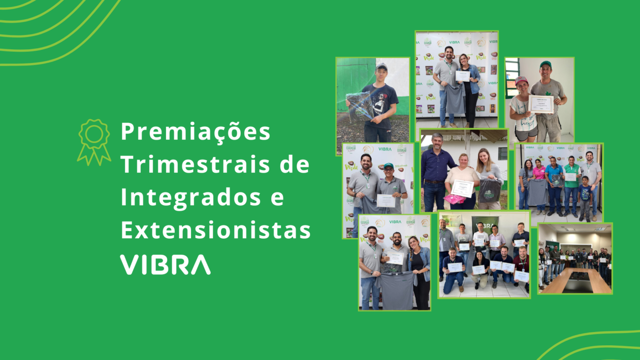 Premiações de Integrados e Extensionistas vibra, montagem verde com diversas fotos de colaboradores com seus prêmios em mãos